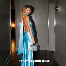 Vestido de duas peças elegante suspenso sexy vestido de noite azul com mangas de cetim de cetim Festa de aniversário personalizada Q240511