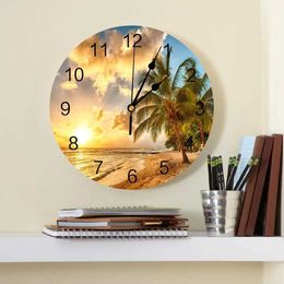 Wall Clocks Tropical Beach Scenery Decorative Round Wall Clock Arabic Numerals Design Non Ticking Wall Clock Large For Bedrooms Bathroom