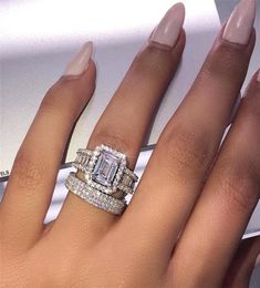 Choucong Brand Unique Stunning Wedding Rings Luxury Jewelry 925 Sterling Silver Princess Cut White Topaz CZ Diamond Eternity Women9895374