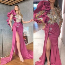 Designer Fuchsia Prom Dresses Long Sleeves Illusion Tulle Sweep Train Lace Applique Mermaid High Split Custom Made Plus Size Evening Pa 231z