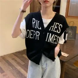 Women's Knits Deeptown Vintage Y2k Knit Cardigan Vest Sleeveless V Neck Knitwear Summer Loose Sweater Korean Style Letter Harajuku