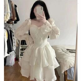 Casual Dresses Fashion French Vintage Apricot Ballet Party Dress Square Collar Long Sleeve A Line Spring Elegant Short Puffy Skirt