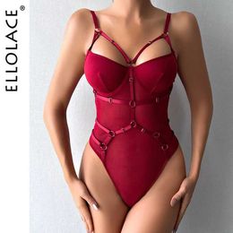 Sexy Set Ellolace Lace Bodysuit With Garter See Through Bodycon Tops Mesh Seamless One Piece Fantasy Elegant Lingerie Teddy Q240511