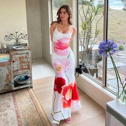 Two Piece Dress Elegant Long Beach Women Sexy Backless Holiday Outfits Summer Spaghetti Strap Flower Print Slim Bohemian Dresses 2024 New Q240511