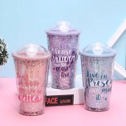 Mugs 16oz Double Wall Coffee Mug Water Bottle Tumbler Drinkware With Straw Juice Cup For Cold Drink Beverage Shinny Stars
