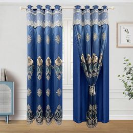 Curtain Luxury European Embroidery Double Layer Curtains Blue Thermal Insulation Blackout For Living Room Window