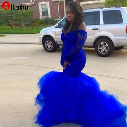 NEW 2022 African Royal Blue Long Sleeve Prom Dresses Black Girl Elegance Lace Tutu Evening Dresses Plus Size Lady Formal Event Gowns 285f