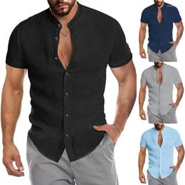 Men's Casual Shirts Stylish Male Shirt Simple Slim Fit Soft V-neck Short Sleeve Stand Collar