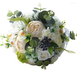 Decorative Flowers High Quality Silk Artificial Outdoor Wedding Holding Bouquet Peony Roses Mixed Leaves Ribbon Pographing Props