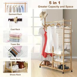 Plates Freestanding Bamboo Clothes Rack Multi-functional Crockery Hat (Bar W/wheels) Rolling Closet Organiser For Clothing Shops