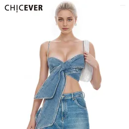 Women's Tanks CHICEVER Patchwork Bowknot Sexy Slimming Top For Women Square Collar Sleeveless Crisscross Solid Denim Crop Tops Female 2024