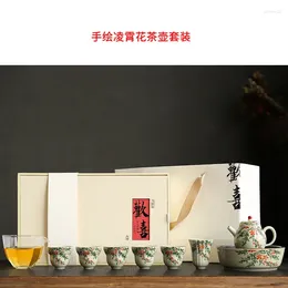 Teaware Sets Hand-painted Lingxiao Flowers Cover Bowl Teapot Tea Set Ceramic Retro Household Literati Ware Gift Box