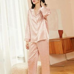 Home Clothing 2 Pcs/Set Women Pyjama Set Heart Ice Silk Long Sleeve Loose Wide Leg Homewear Shirt Pants Sleepwear Loungewear Trousers