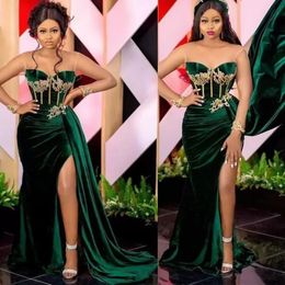 2022 Emerald Green African Prom Party Dresses Sexy Slit Sweetheart Arabic Aso Ebi Velvet Plus Size Evening Occasion Gown wear B0804 230D