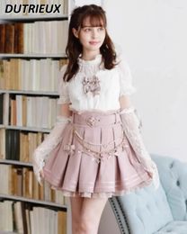 Skirts Japanese Sweet Girl A- Line Pleated Short Skirt Summer Autumn Mine Series Love Pearl Chain Bow Belt Mini For Women