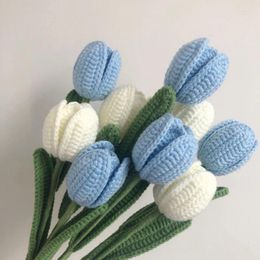 Decorative Flowers 1Pcs Knitting Tulips Bouquet Artificial Wool Hand-Woven Finished Fake Branch For Wedding Vase Decoration Friend Gifts