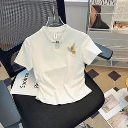 Women's T Shirts Women T-shirt Fashion White Embroidery Bow Top Short Sleeve V Neck Summer Cute Shirt