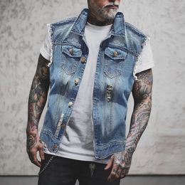 Hip Hop Sleeveless Denim Jacket Mens Ripped Single Breasted Lapel Coat Blue Black Tops Waistcoat 240509