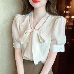 Women's Blouses Fashion Summer French Clothing V Neck Beige Apricot Clothes Design Sensory Shirt Bow Tied Bubble Sleeve Tops 30814