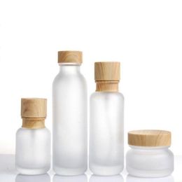 Frosted Glass Jar Cream Bottles Round Cosmetic Jars Hand Face Lotion Pump Bottle with wood grain cap Vbqdx Oejkb