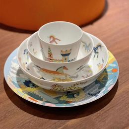 Plates European Bone China Children's Tableware Set Household Ceramic Cartoon Plate Bowl Four-Piece Wedding Gift Box