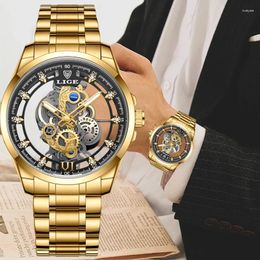 Wristwatches LIGE Fashion Quartz Watches For Men Gold Skeleton Retro Watch Top Sport Waterproof Relogios Masculino