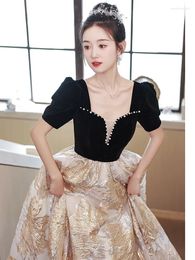 Party Dresses Black Women Formal Evening Dress Exquisite Embroidery Velvet Short Sleeve A-Line Floor-Length Banquet Gowns Female Ball Gown