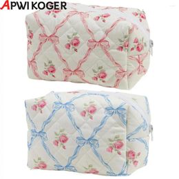 Cosmetic Bags Cute Bow Floral Travel Makeup Pouch With Zipper Organiser Storage Bag Cotton Quilted Case For Women