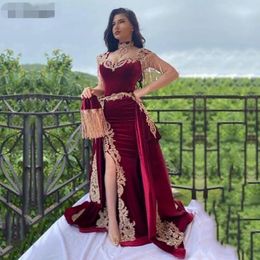 Luxury Arabic Mermaid Velvet Evening Dresses With Detachable Train Side Split Applique Lace Prom Gowns High Neck Tassel Algerian Outfit 271O