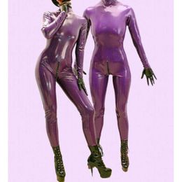 Fetishism 100%Latex Rubber Suit Purple Uniform CatSuit Gloves Zipper Full Cover0.4MM Cosplay Manual customization Catsuit Costumes