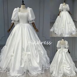Fantasy Victorain Wedding Dresses 2024 Puff Sleeves Medieval Elf Bridal Dress 3D Florals Lace Corset Country Bride Dress With Bow 1800S Cosplay Vestios de Novia