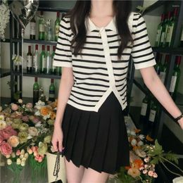 Women's T Shirts Summer Polo Collar Knitted T-shirt Fashion Casual Temperament Korean Stripe Top Spice Girl Short Street