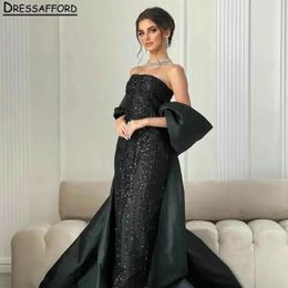 Party Dresses Black Strapless Crystal Beading Dubai Evening Dress Straight Detachable Train Sequined Saudi Arabic Formal Gown