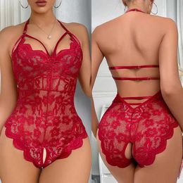 Sexy Set Sexy Red Crotchless Lingerie Women Lace Transparent Bra Erotic Comes Teddy Baby Doll Dress Dp V Open Bra Porn Underwear Set T240513