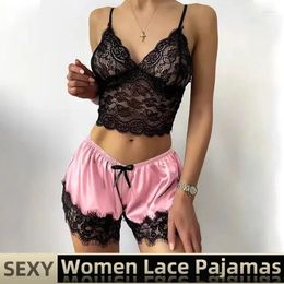 Home Clothing Women Lace Sexy Pyjamas Nightclothes Black PINK L XL XXL V Neck Low Cut Top And Ice Silky Shorts