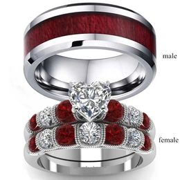 Wedding Rings 2021 Couple Ring Womens Platinum Heart Shaped Garnet Mens Stainless Steel Engagement Band Valentines Day Gift Jewelry Q240511