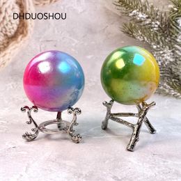 Decorative Figurines 1Pcs Aura Plating Sphere Crystal Ball With Stand White Jade Real Stones For Healing FengShui Meditation Chakra Home