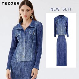 Work Dresses Miyake Pleated Women Summer Long Sleeve Pocket Button Loose Shirt Denim Jacket Set Women's High Waist Front Split Dress