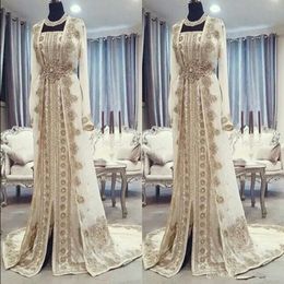 2020 Moroccan Caftan Kaftan Evening Dresses Dubai Abaya Arabic Long Sleeves Amazing Gold Embroidery Square-Neck Occasion Prom Formal Go 301v