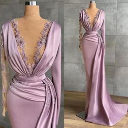 NEW Elegant Satin Mermaid Evening Dresses with Long Sleeves Deep V Neck Lace Appliqued Prom Party Gowns Arabic Aso Ebi Ruched Sweep Tra 3124