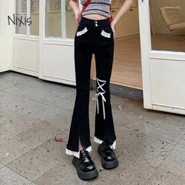 Women's Jeans Women Fashion Lace Trim Split Flared Pants Vintage Black Nine-point Denim Trousers Korean Style Clothes Female Streetwear