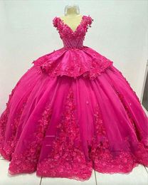 2024 Sexy Quinceanera Dresses Fucsia Cap Sleeves V Neck 3D Floral Flowers Crystal Beads Tulle Peplum Sweet 16 Dress Vestidos De 15 Prom Party Gowns Floor 0513