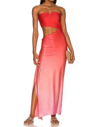 Basic Casual Dresses Womens strapless split style ultra-thin dress gradient solid Colour printed waist hollow pleated sleeves strapless long skirtL2405