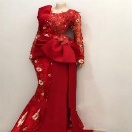 African Long Sleeves Lace Mermaid Evening Dresses 2021 Aso Ebi Long Sleeves Pleats peplum Red Prom Gowns Robe De Soiree 258J