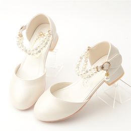 Childrens Girl Leather White Princess High Heels Childrens Dress Student Show Dance Sandals Childrens Shoes Girl Mary Jane 240509