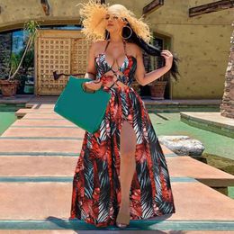 Casual Dresses Beach Maxi Dress Stunning Leaf Print For Women Halter Neck Backless Vacation With A-line Pleated A