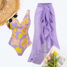 Women's Swimwear Women Swimsuit With Skirt Printed Beach Stylish Floral Print One-piece Set Chiffon Cover For Female