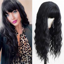 Wig curly hair for women with large waves black straight bangs wavy sea water long curly hair high-temperature silk wig headband