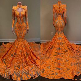 2021 Orange Mermaid Prom Dresses Long Sleeves Deep V Neck Sexy Sequined African Black Girls Fishtail Evening Wear Dress Plus Size 284H