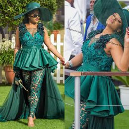 Nigerian African Jumpsuit Evening Dress With Handmade Flowers Lace Crystal prom Evening Party Dresses plus size vestidos formale 222n